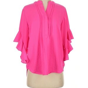 Vince Camuto Ruffle Sleeve Pom Pink Split Neck Pullover Blouse